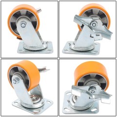 4 Pcs 4″ Side Brake Polyurethane Plate Casters, 3200 Pounds, Silver + Qrange