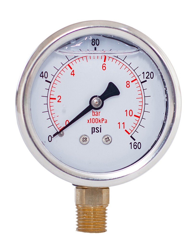 Pressure Gauge,Liquid Filled,2″ Dia,0-160 PSI,1/4 NPT Lower Mount