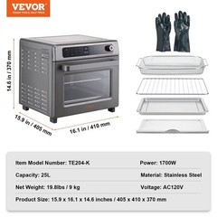 25L 1700W 12-in-1 convection oven with grill & pizza pan, fits 12 slices