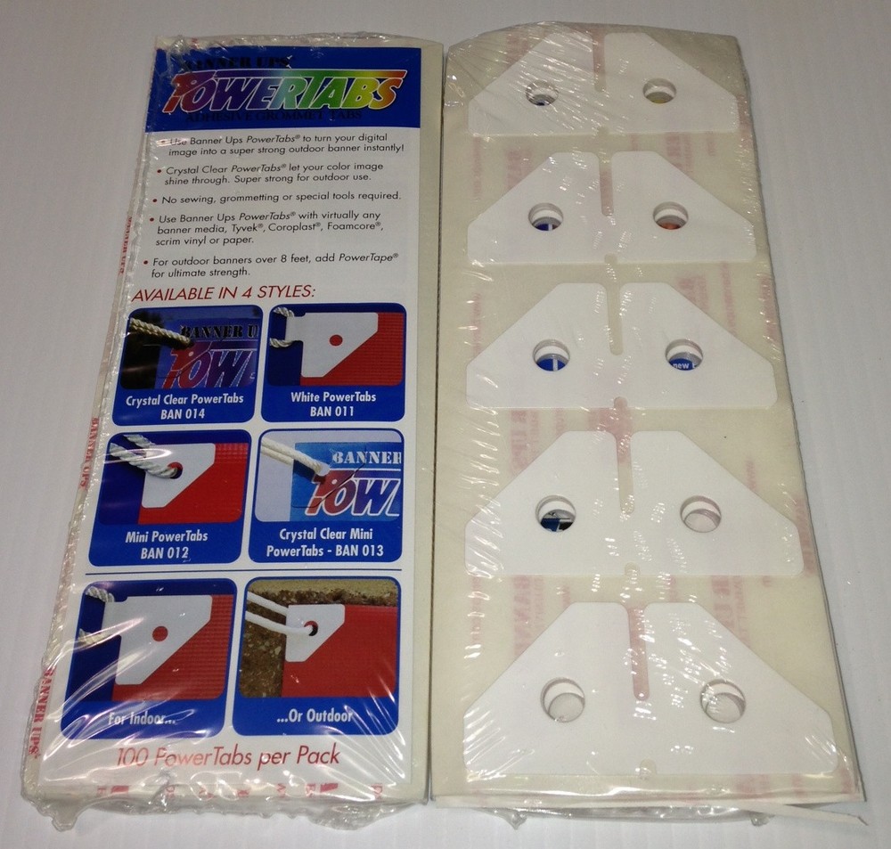 POWER TABS ADHESIVE GROMMET TABS 3.25” WHITE -100 PER PACK- NO TOOLS REQUIRED!