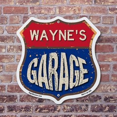 Wayne’s Garage Shield Shaped Sign Weather Resistant Crafted in the USA
