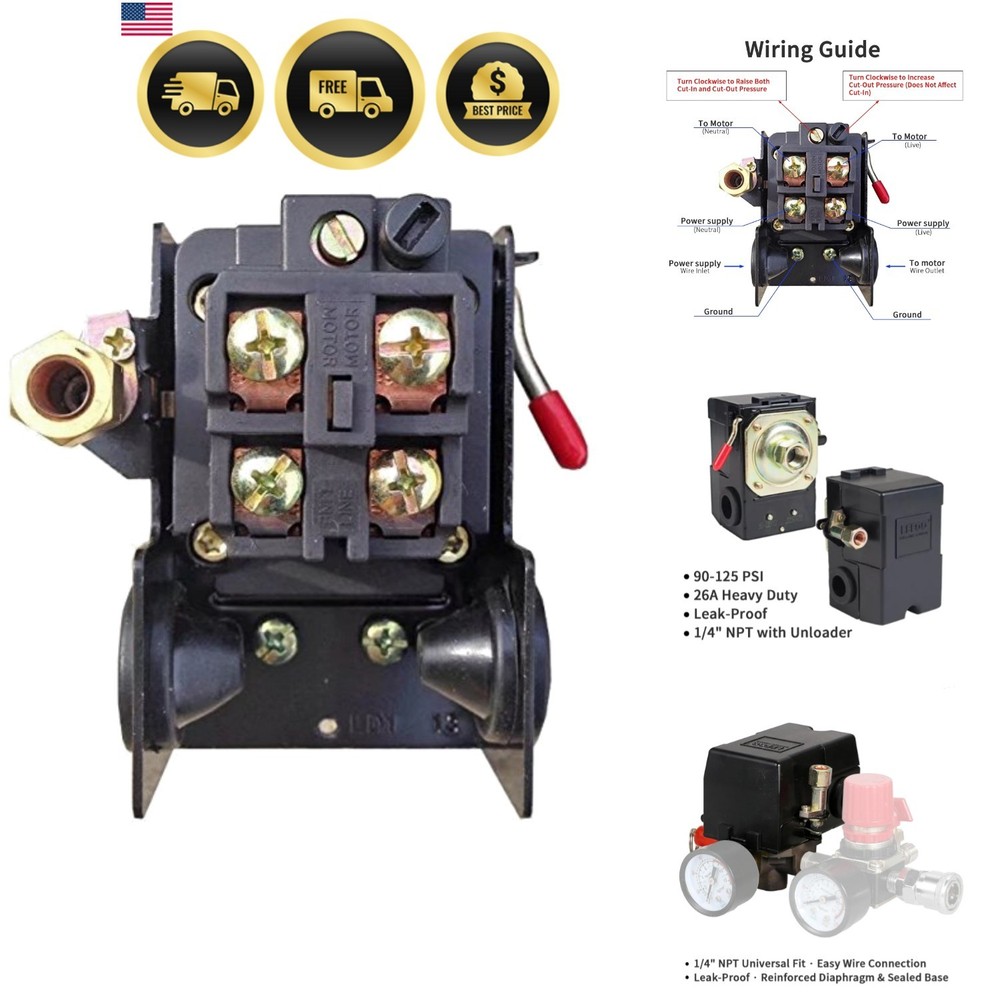 Air Compressor Pressure Switch 90-125 PSI, 26A Heavy Duty 1/4″ NPT Single Por…