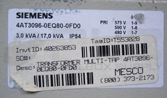 SIEMENS 4AT3096-0EQ80-0FD0 TRANSFORMER; 3 kVA/ 17 kVA, 50/60 HZ