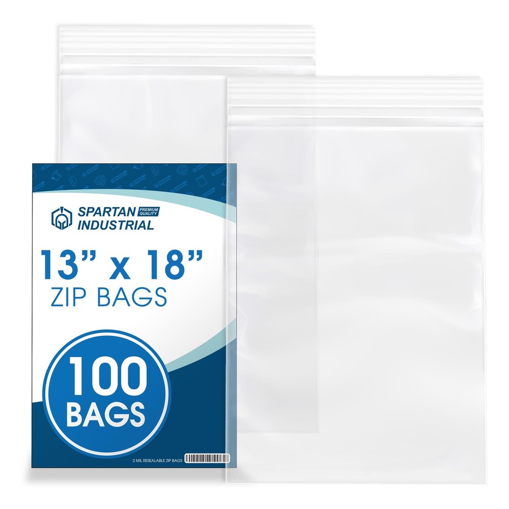 13×18 Clear Reclosable Zip Plastic Bags 2 Mil Resealable Poly Bags 100 Count