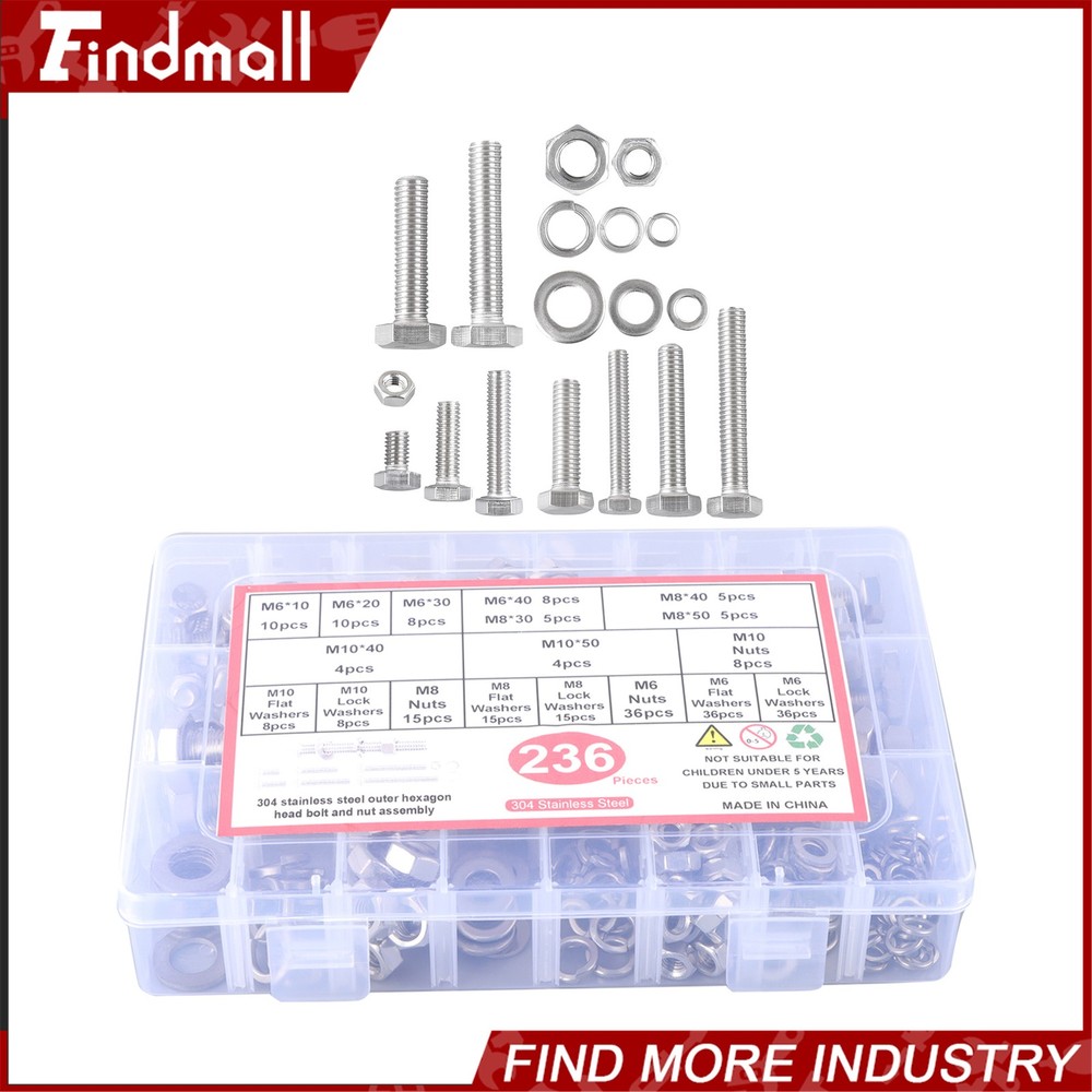 236PCS M6 M8 M10 Heavy Duty Bolts and Nuts Assortment Kit 304 Stainless Steel