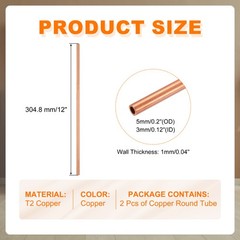 5mm ODx1mm Wall Thicknessx300mm(11.8″) Length Copper Round Tube(Pack of 2)