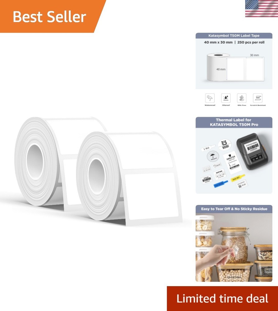 T50M Series Label Maker Tape, 2 Rolls 1.57” × 1.18” 40mm × 30mm 250 Labels/…