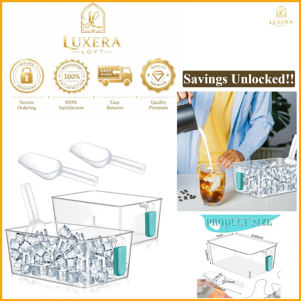 Clear Plastic Freezer Ice Bin with Scoop Set 4 Pieces Blue