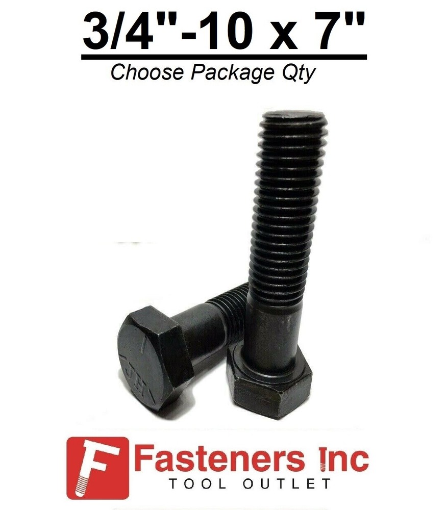 3/4-10 x 7″ Hex Bolt Plain Black Steel Grade 5 Cap Screw PT (Choose Qty)