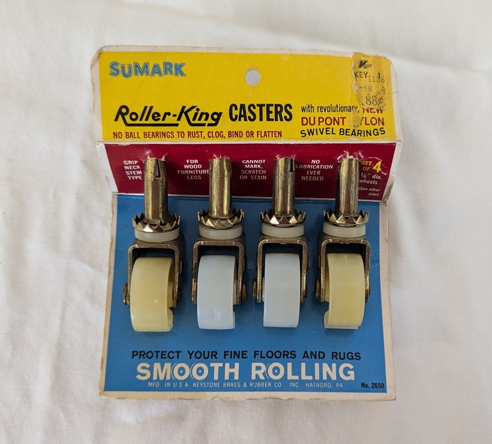 VTG MCM New NOS Roller-King Casters Made USA swivel Stem Type 2650 nylon Wheels