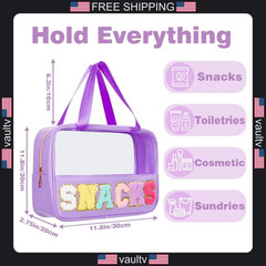 Snack Bags Chenille Letter Patch Clear Bag for Travel, Preppy Cosmetic Bag