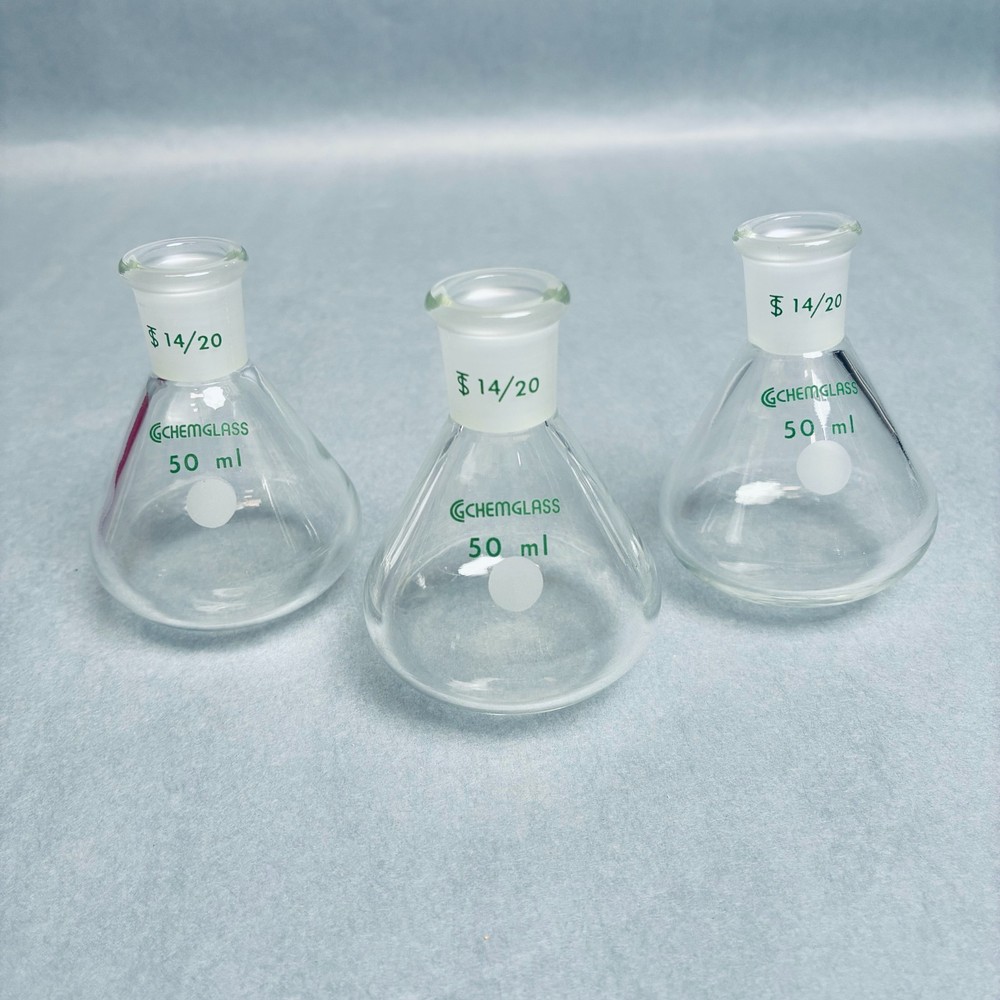 Chemglass Apollo Flask 50 ml Heavy Wall 14/20 Outer Joint – Lot of 3 Flasks
