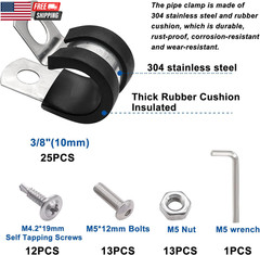 50PCS 3/8 Inch Cable Clamps 304 Stainless Steel Rubber Cushion Insulated Wire Cl