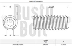 M2 x 2.5mm, Socket Set Screw Flat Point, A2 304 18-8 Stainless Steel