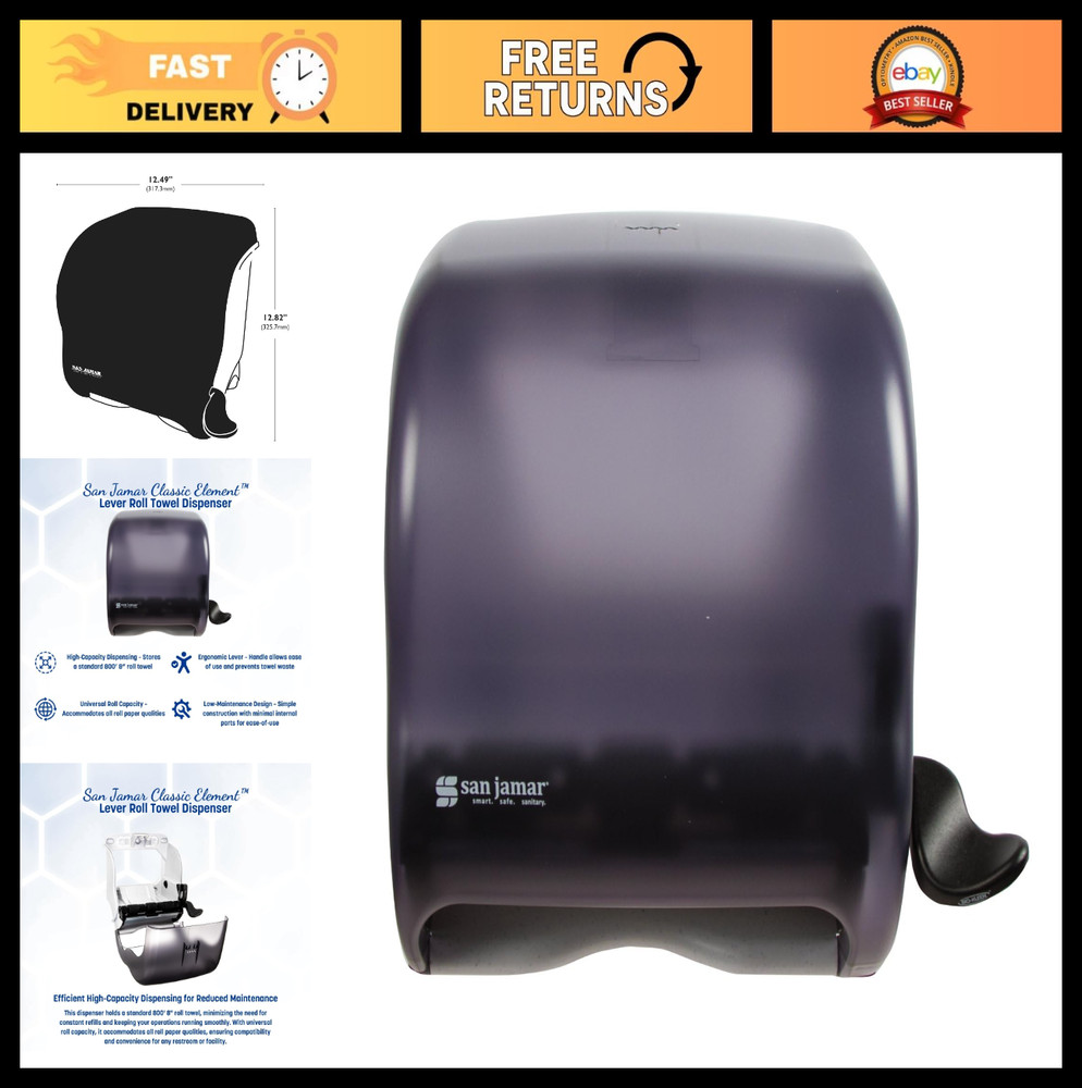 Wall-Mounted Paper Towel Dispenser – Fits All Core Sizes, Lever Action, Black Pe