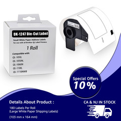 1 Roll 4.07″x6.4″ Large White Paper Shipping Labels DK-1247 for Brother QL-1060N