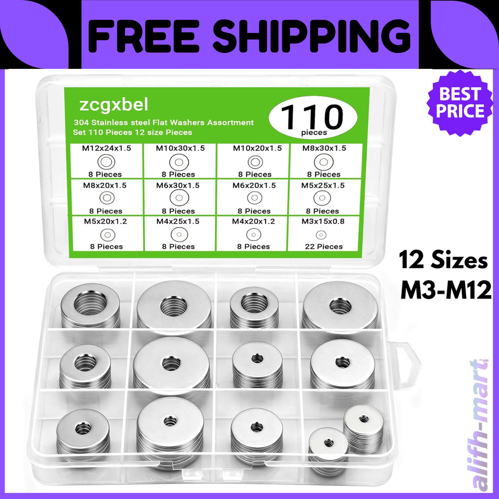 108Pcs 304 Stainless Steel Flat Washers, Fender Washers Assortment Kit 12 Sizes