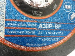 Tyrolit Steel Grinding Wheels 7″ x 5/32″ x 7/8″ A30 P-BF (Box of 10) Austria