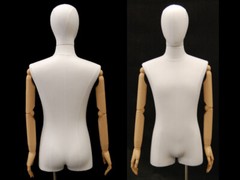Adult Male White Linen Torso Mannequin Form with Flexible Arms and Head