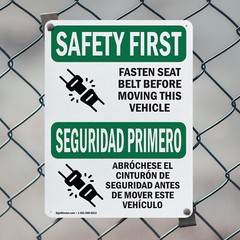 (2 Pack) Fasten Belt Moving Vehicle Bilingual OSHA Safety First Sign Decal Metal