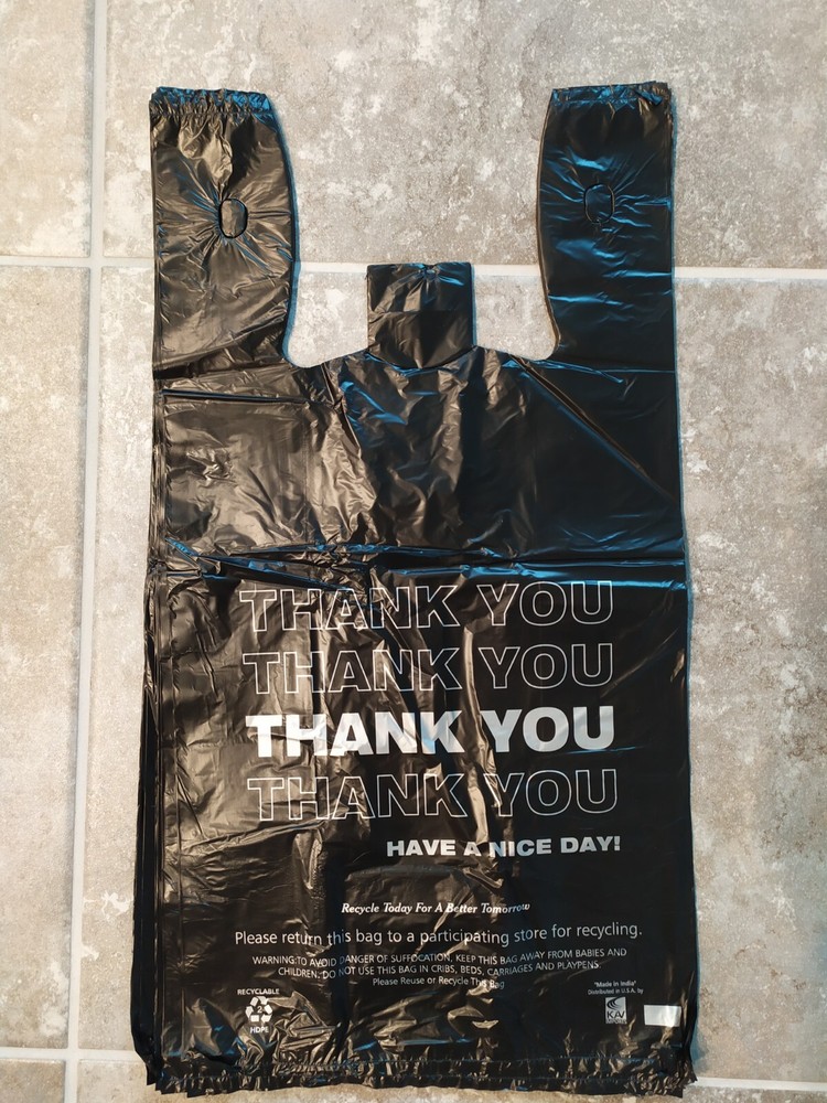 1/6 Black 21.5 x 6.5 x 11.5 “Thank You” T-Shirt Plastic Grocery Shopping Bags