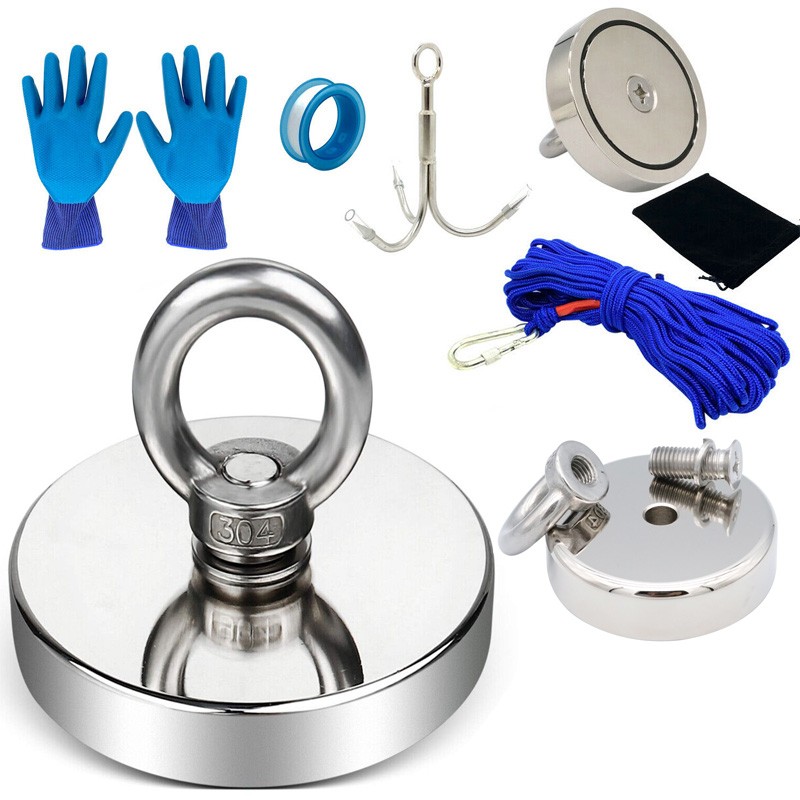 1100lbs Fishing Magnet Kit Pull Force Strong Neodymium Hook Rope Carabiner Glove