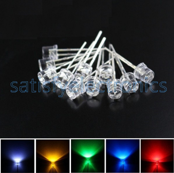 5MM Flat Red Yellow Blue Green White LED Wide Angle Flat Head Light Lamp 2Pin