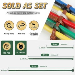 8 Inch PA66 Green Zip Ties, 100 Pcs 3.6mm Heavy Duty Plastic Wire Ties with 4…