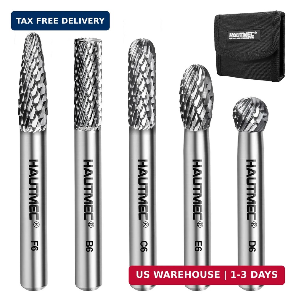 HAUTMEC 5Pcs Tungsten Carbide Rotary Burr Bit YG6, 1/4″ Shank Double Cut Die Gri