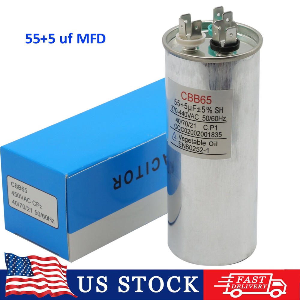 55/5 MFD uF Dual Run Capacitor 370-440 vac Volts AC Motor HVAC 55+5