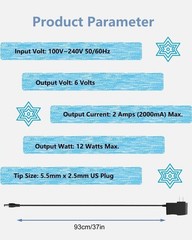 6V DC Power Supply 2A Universal AC Adapter, 100-240V 50/60Hz 6 Volts 2 Amp Trans