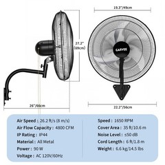 Garvee 20″ Industrial Wall Fan 3 Speed Oscillating 4800 CFM 90° Tilt Heavy Duty