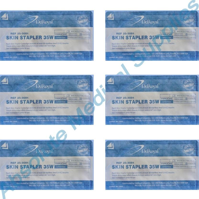 *6-Pack* DeRoyal Fixed Head 35 Wide Stainless Steel Skin Stapler 25-3001