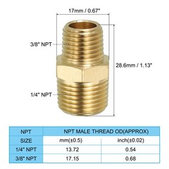 Brass Hex Nipple Pipe Fitting, 2 Pack 3/8″ NPT x 1/4″ NPT Male Couplings