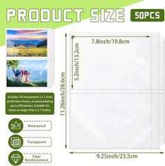 50 Pack 5×7 Photo Sleeves for 3 Ring Binder Clear 2 Pocket Album Pages