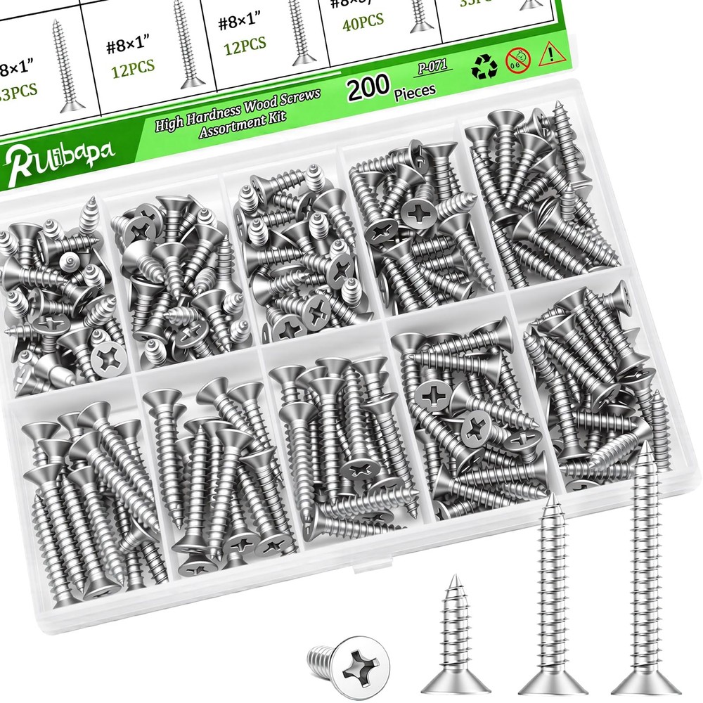 200PCS 304 Stainless Steel High Hardness Wood Screws Assortment Kit, 3 Sizes …