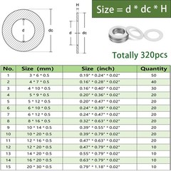 320PCS Flat Washer Assortment Kit M3-M20 304 Stainless Steel Shim Gasket Set