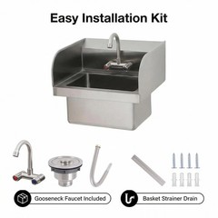 17″x 15″ Commercial Hand Wash Sink Wall Mount Basin Stainless Steel&Faucet&Drain