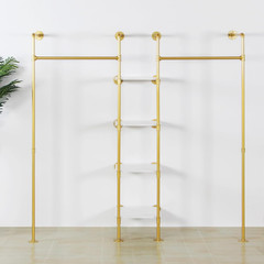Gold Industrial Pipe Clothing Rack with Shelves – 4 Tier Steampunk Design