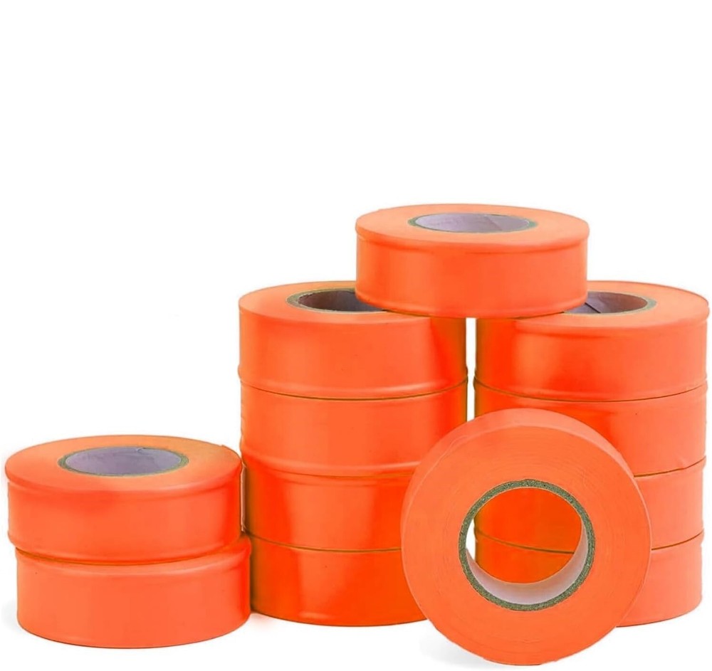 Flagging Tape – Orange – 150 feet Non-Adhesive Plastic Ribbon Pack of 12 Roll