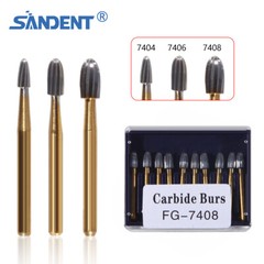 SANDENT 10pcs/pk Dental Trimming&Finishing Gold Carbide Burs 7404/7406/7408 ns