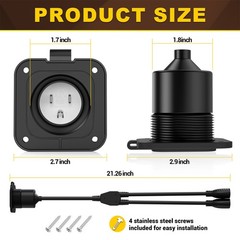 15Amp AC Port Plug,125V Power Inlet Socket w/Dual 18in 14AWG Splitter Extension