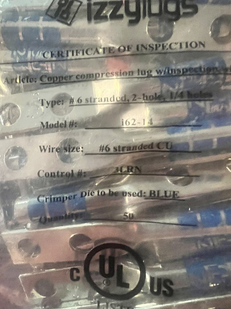 Izzy Lugs i62-14 Copper Compression Lug, #6 stranded 2 hole 1/4″ hole BAG OF 50