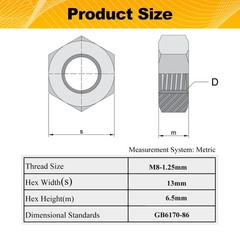 M8-1.25 Hex Nuts M8 x 1.25mm Hardware Nuts for DIY Home Mechanism