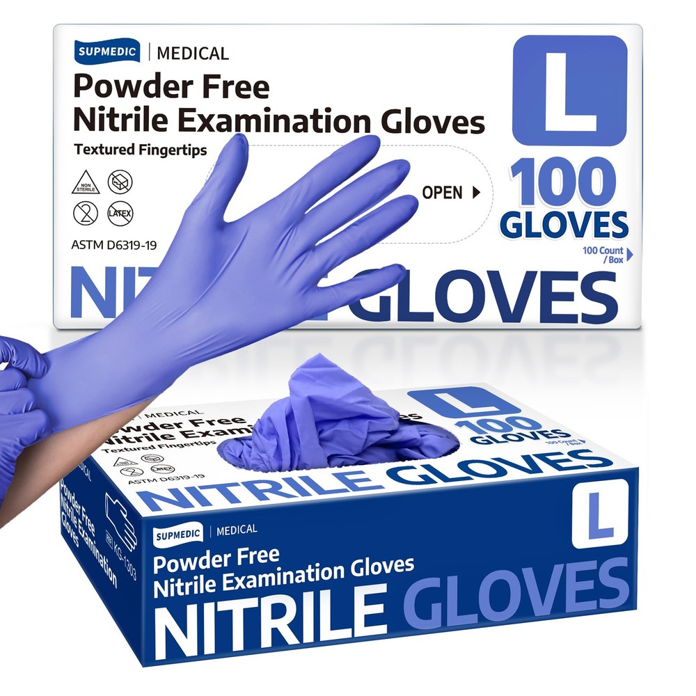 Supmedic Medical Nitrile Exam Gloves, Medium, 100 Large (Blue Iris)
