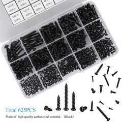 625pcs M2-M4 Phillips Pan Head Self-Tapping Screws Assortment Kit Black
