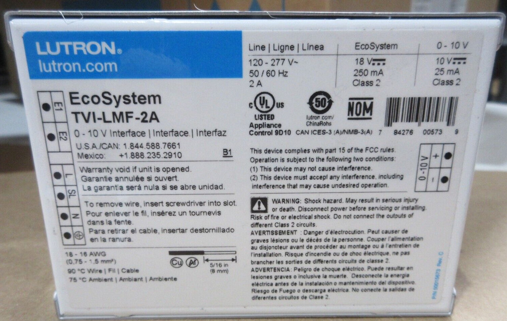 LUTRON TVI-LMF-2A ® EcoSystem® Lighting Interface, 120/220 to 240/277 VAC, 25 mA