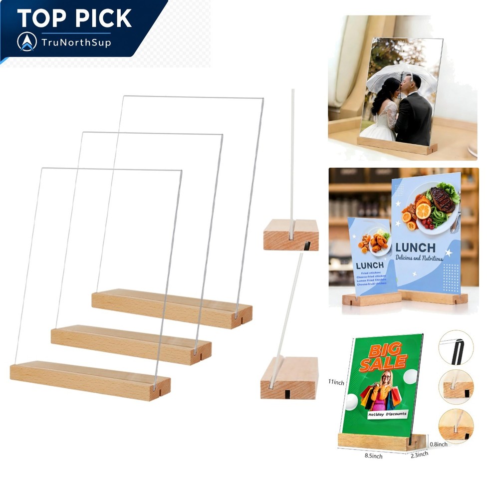 8.5×11 Acrylic Wood Display Stand 3 Pack T/L Vertical Slant Back Wedding Rest…