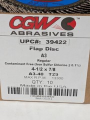 CGW Flap Disc: 4-1/2" Dia, 7/8" Hole, Aluminum Oxide, Type 29 Box of 1