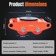 4PCS Machinery Mover 10 Ton Heavy Duty Machine Dolly Equipment Roller Skates Red